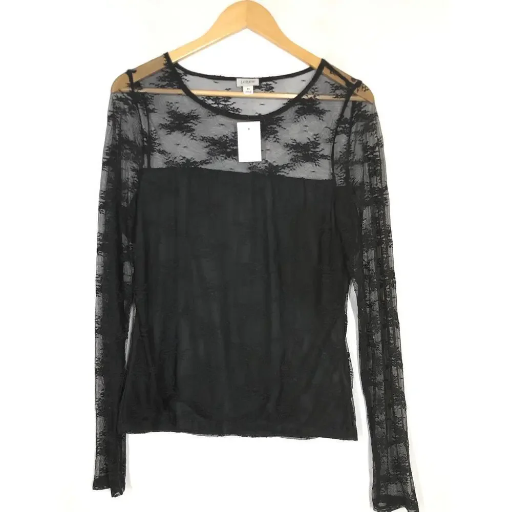 J. Crew Top Long Sleeve Sheer Lace Lined Slim Fit Gothic Tee Black NWT Medium